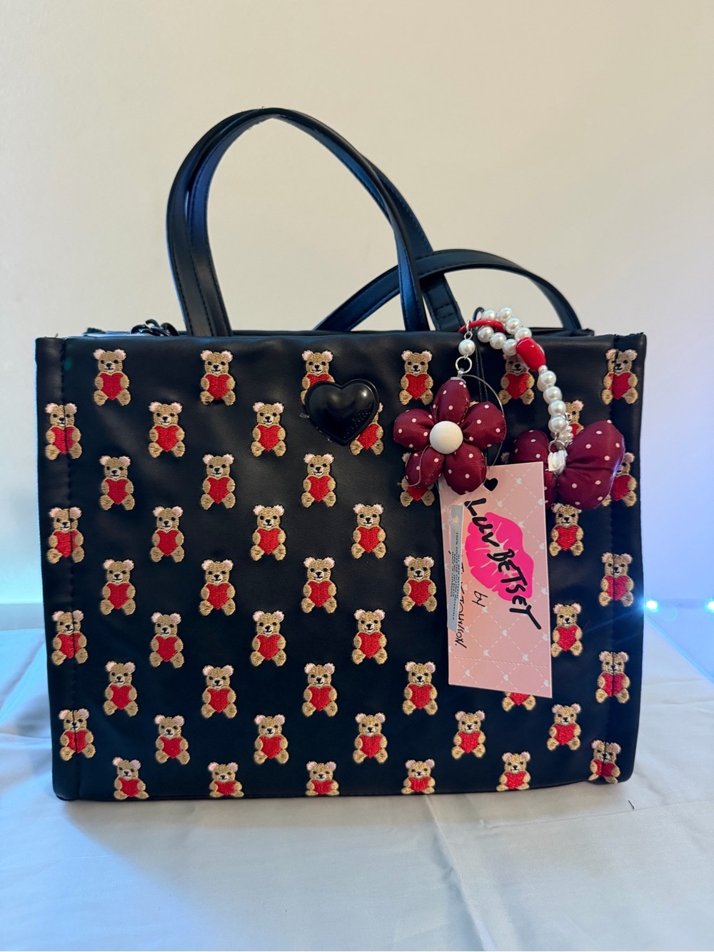 Black Teddy Embroidered Tote with Heart Charm